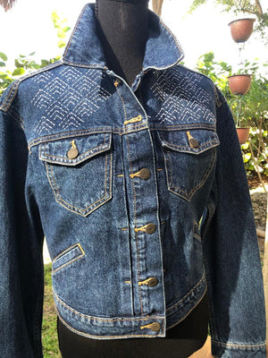 Blue patchwork denim coat size XL, Boro long jacket from recycled jeans  patches